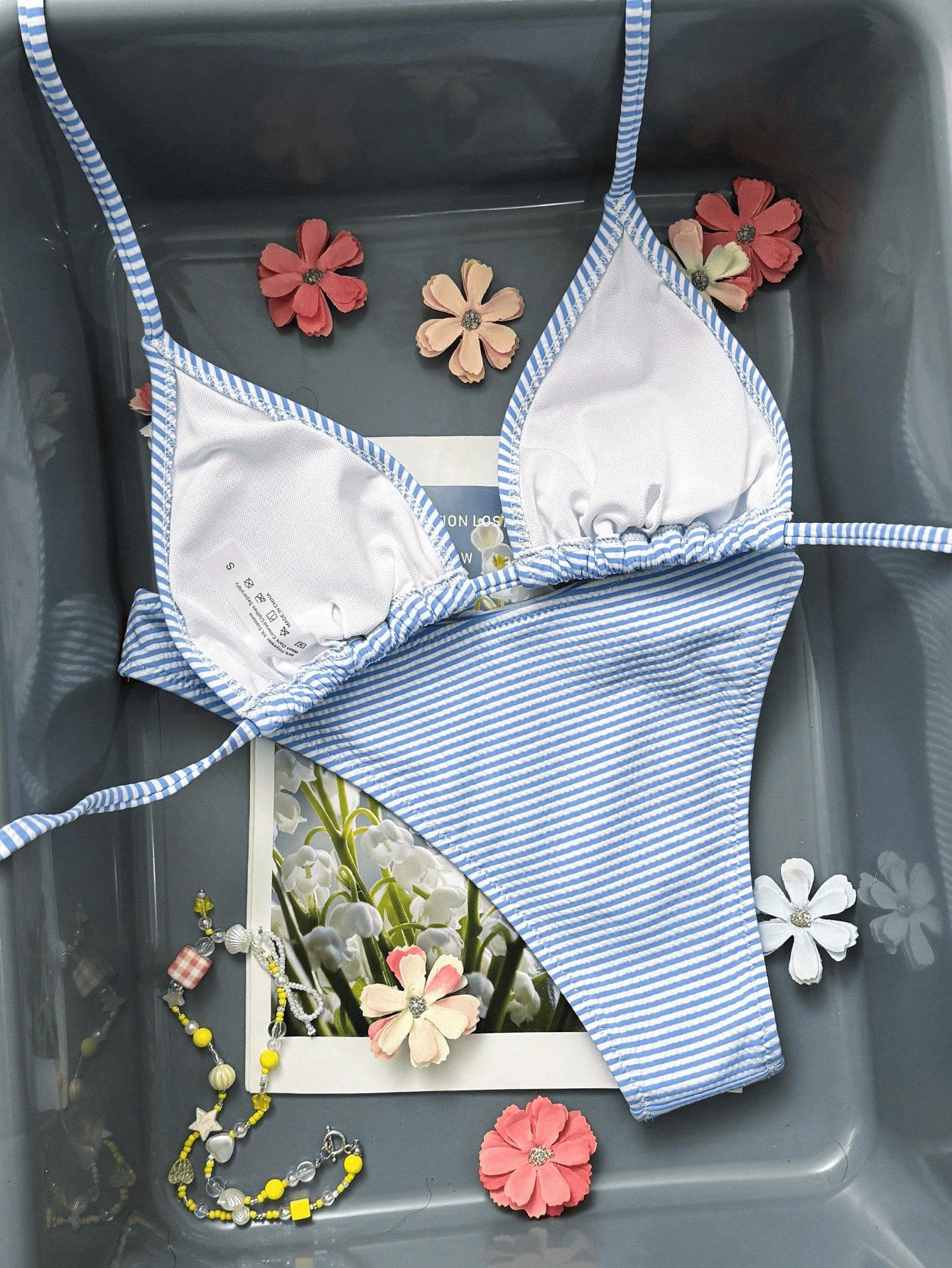 (image for) Women Blue White Fine Stripe Halter Triangle Bikini Set Tie Side Sexy Fresh Style Two Piece Beach Photo Ready Swimwear