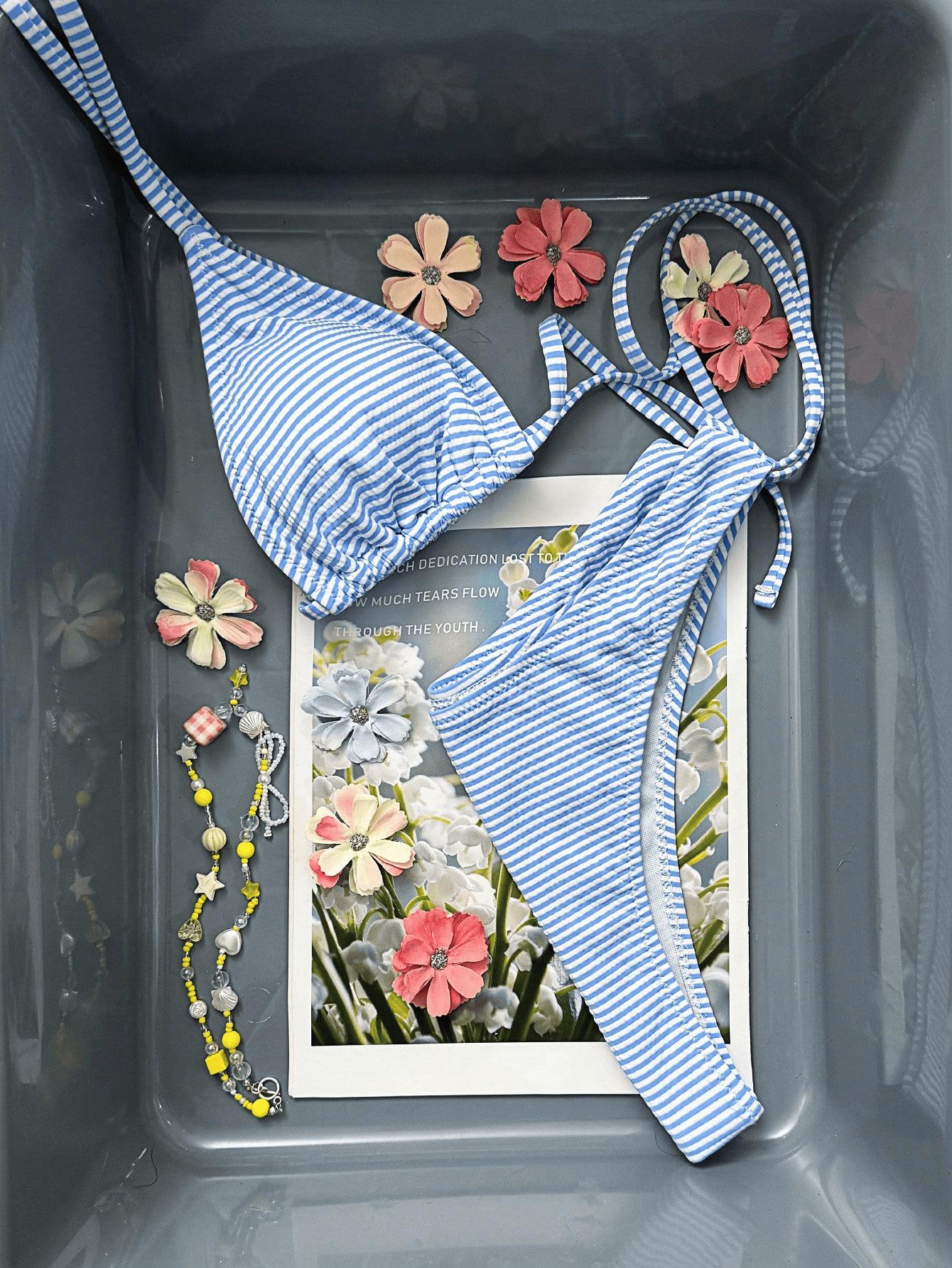 (image for) Women Blue White Fine Stripe Halter Triangle Bikini Set Tie Side Sexy Fresh Style Two Piece Beach Photo Ready Swimwear