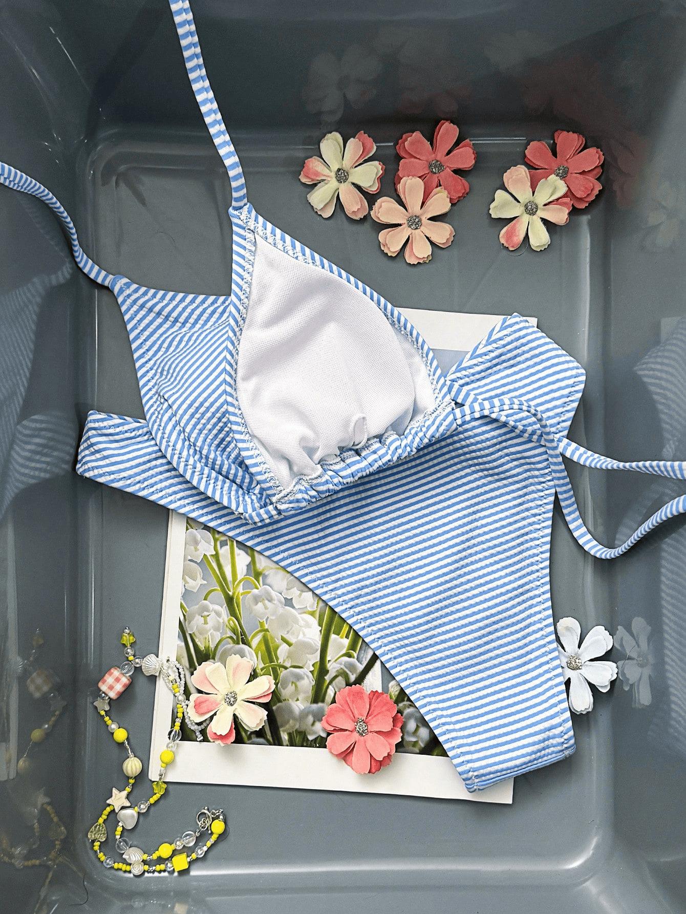 (image for) Women Blue White Fine Stripe Halter Triangle Bikini Set Tie Side Sexy Fresh Style Two Piece Beach Photo Ready Swimwear