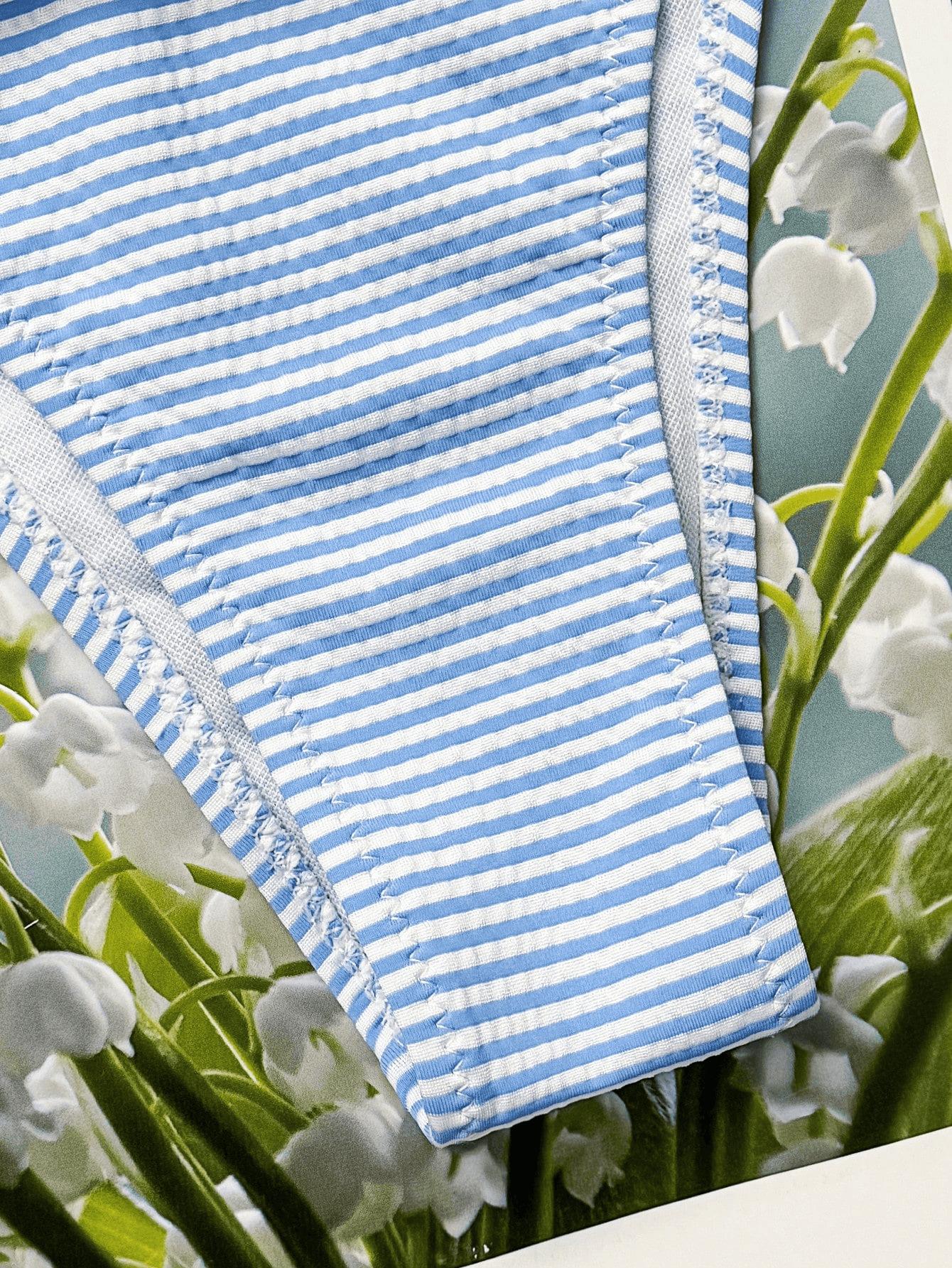 (image for) Women Blue White Fine Stripe Halter Triangle Bikini Set Tie Side Sexy Fresh Style Two Piece Beach Photo Ready Swimwear