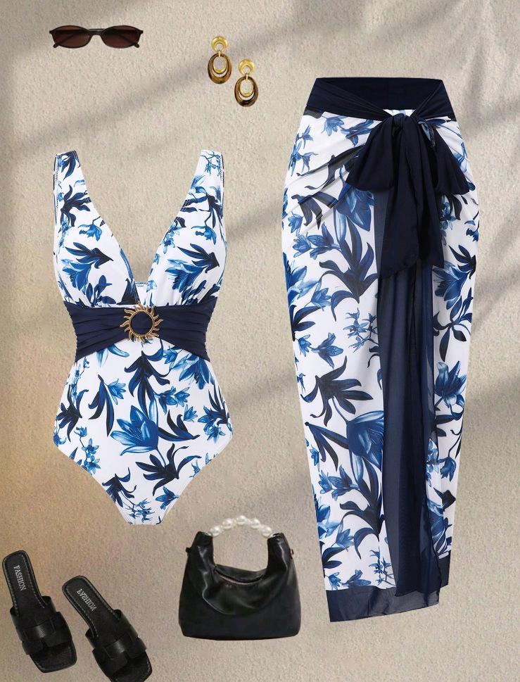 Women Blue White Botanical Floral Print Deep V One Piece Swimsuit with Matching Tie Waist Sarong Skirt 2 Piece Decorative Buckle Waist Tummy Control Beach Resort Swimwear Set