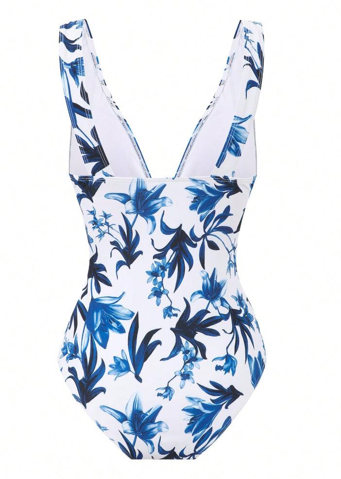 (image for) Women Blue White Botanical Floral Print Deep V One Piece Swimsuit with Matching Tie Waist Sarong Skirt 2 Piece Decorative Buckle Waist Tummy Control Beach Resort Swimwear Set