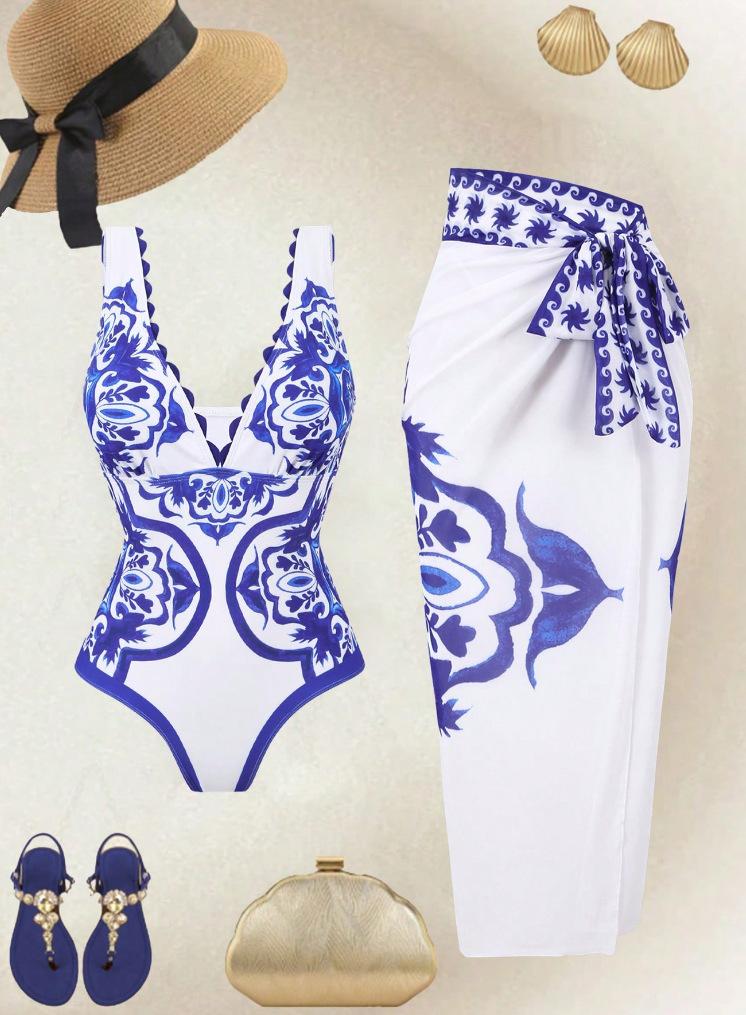 Women Blue White Porcelain Print Deep V One Piece Swimsuit with Matching Sarong Skirt 2 Piece Premium Luxury Beach Vacation Swimwear Set