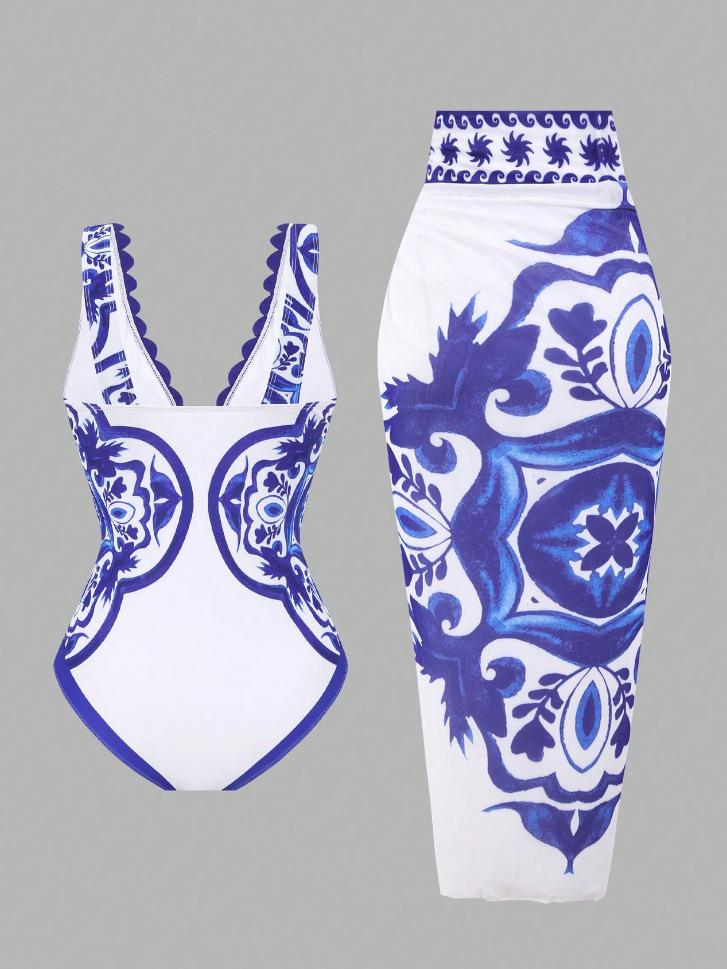 (image for) Women Blue White Porcelain Print Deep V One Piece Swimsuit with Matching Sarong Skirt 2 Piece Premium Luxury Beach Vacation Swimwear Set