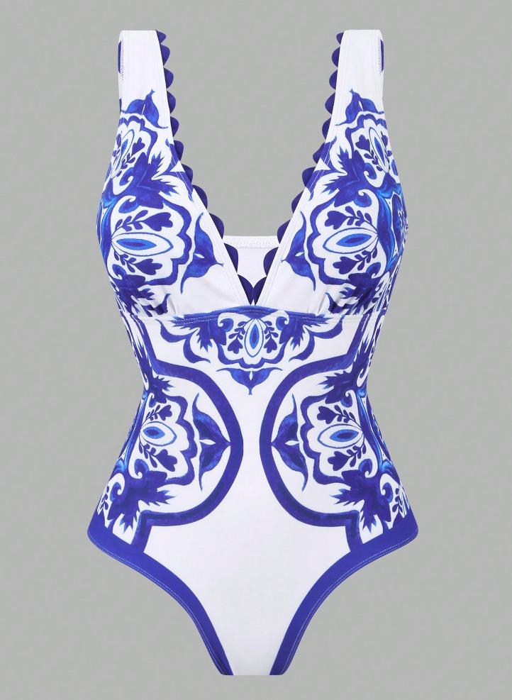 (image for) Women Blue White Porcelain Print Deep V One Piece Swimsuit with Matching Sarong Skirt 2 Piece Premium Luxury Beach Vacation Swimwear Set