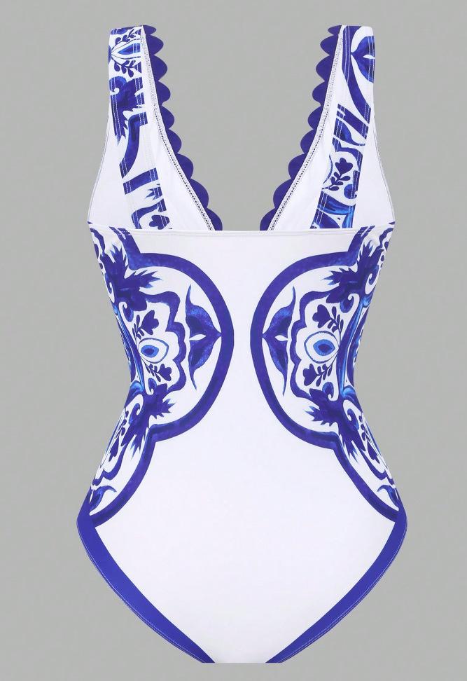 (image for) Women Blue White Porcelain Print Deep V One Piece Swimsuit with Matching Sarong Skirt 2 Piece Premium Luxury Beach Vacation Swimwear Set