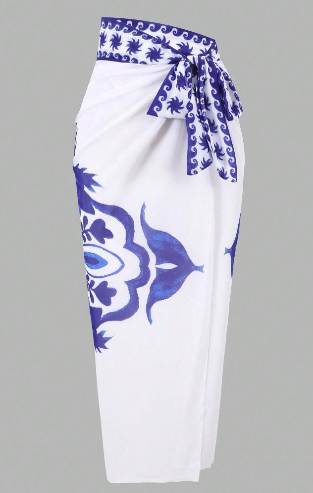 (image for) Women Blue White Porcelain Print Deep V One Piece Swimsuit with Matching Sarong Skirt 2 Piece Premium Luxury Beach Vacation Swimwear Set