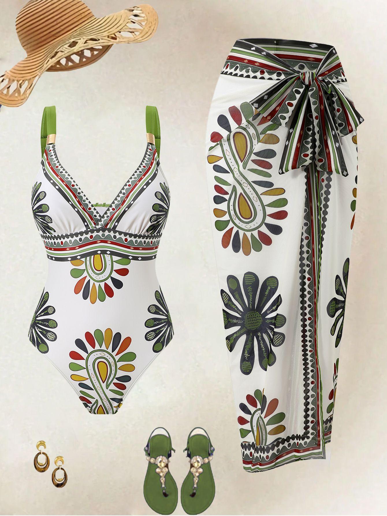 (image for) Women Boho Ethnic Paisley Floral Print One Piece Swimsuit with Matching Maxi Sarong Skirt 2 Piece Tummy Control Beach Vacation Swimwear Set