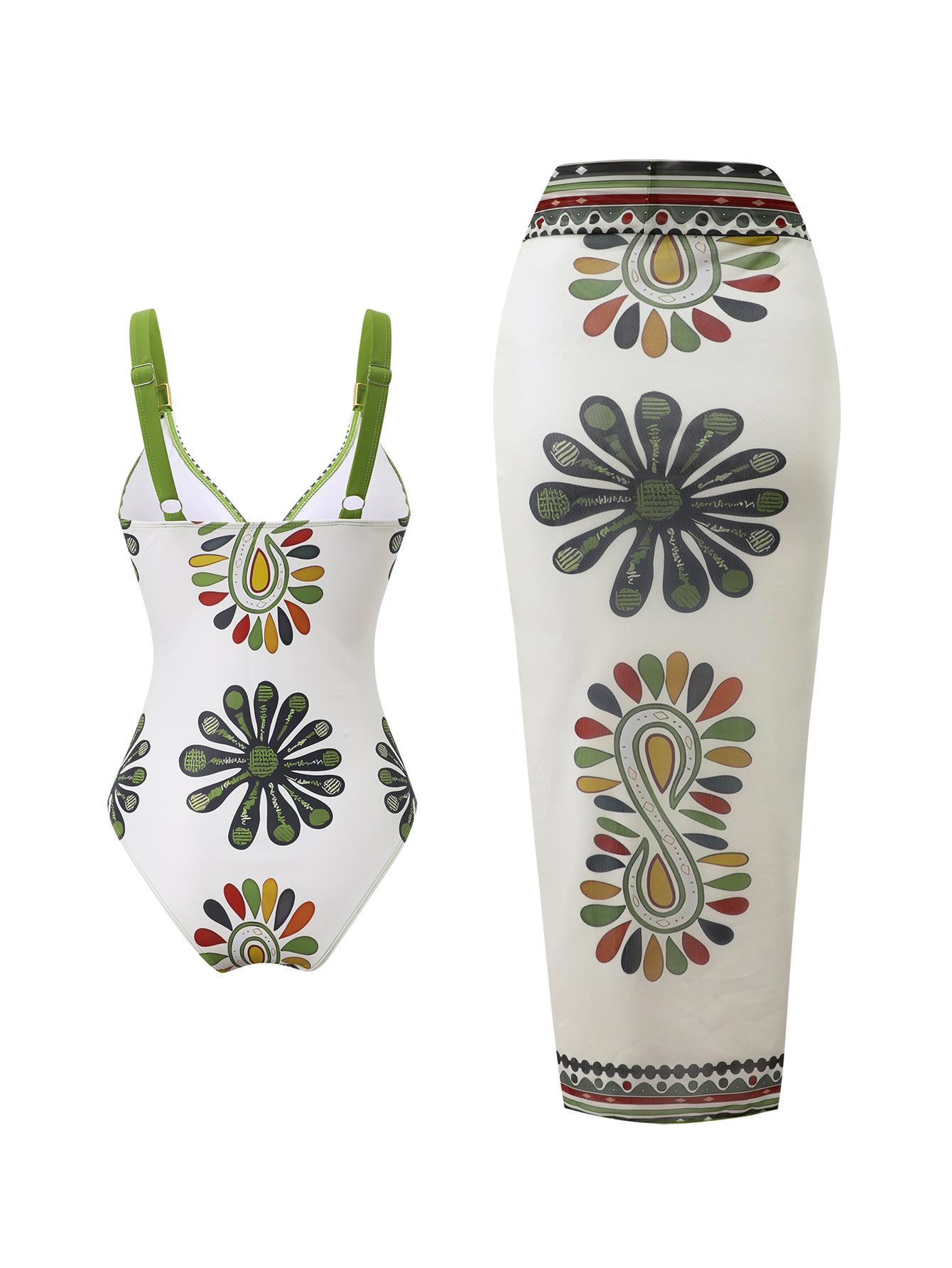 (image for) Women Boho Ethnic Paisley Floral Print One Piece Swimsuit with Matching Maxi Sarong Skirt 2 Piece Tummy Control Beach Vacation Swimwear Set