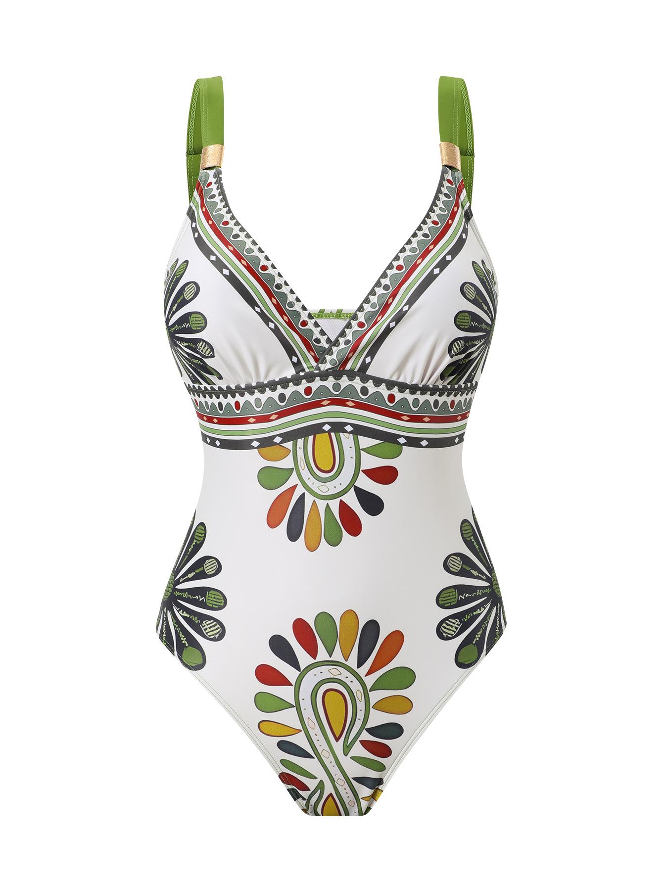 (image for) Women Boho Ethnic Paisley Floral Print One Piece Swimsuit with Matching Maxi Sarong Skirt 2 Piece Tummy Control Beach Vacation Swimwear Set
