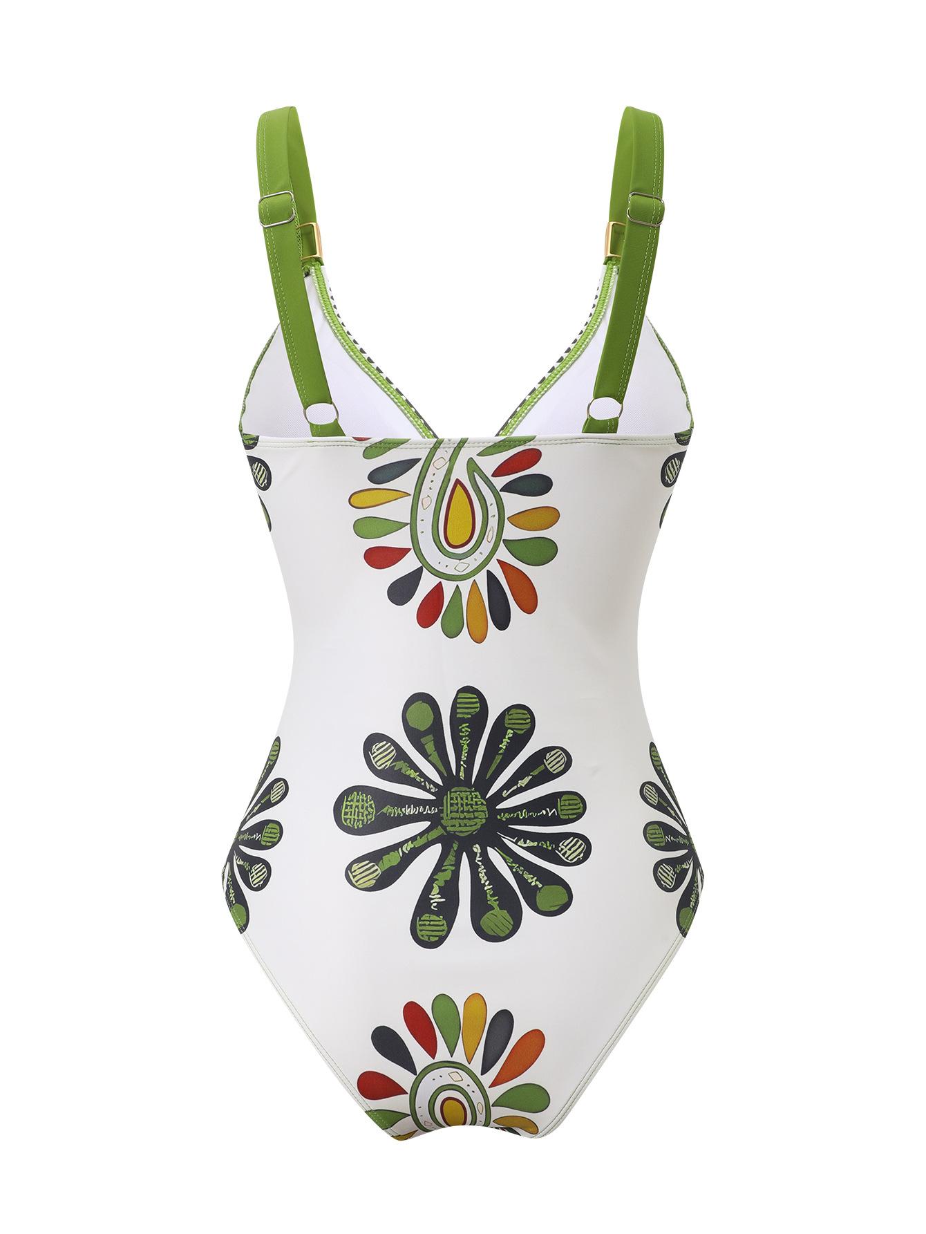 (image for) Women Boho Ethnic Paisley Floral Print One Piece Swimsuit with Matching Maxi Sarong Skirt 2 Piece Tummy Control Beach Vacation Swimwear Set
