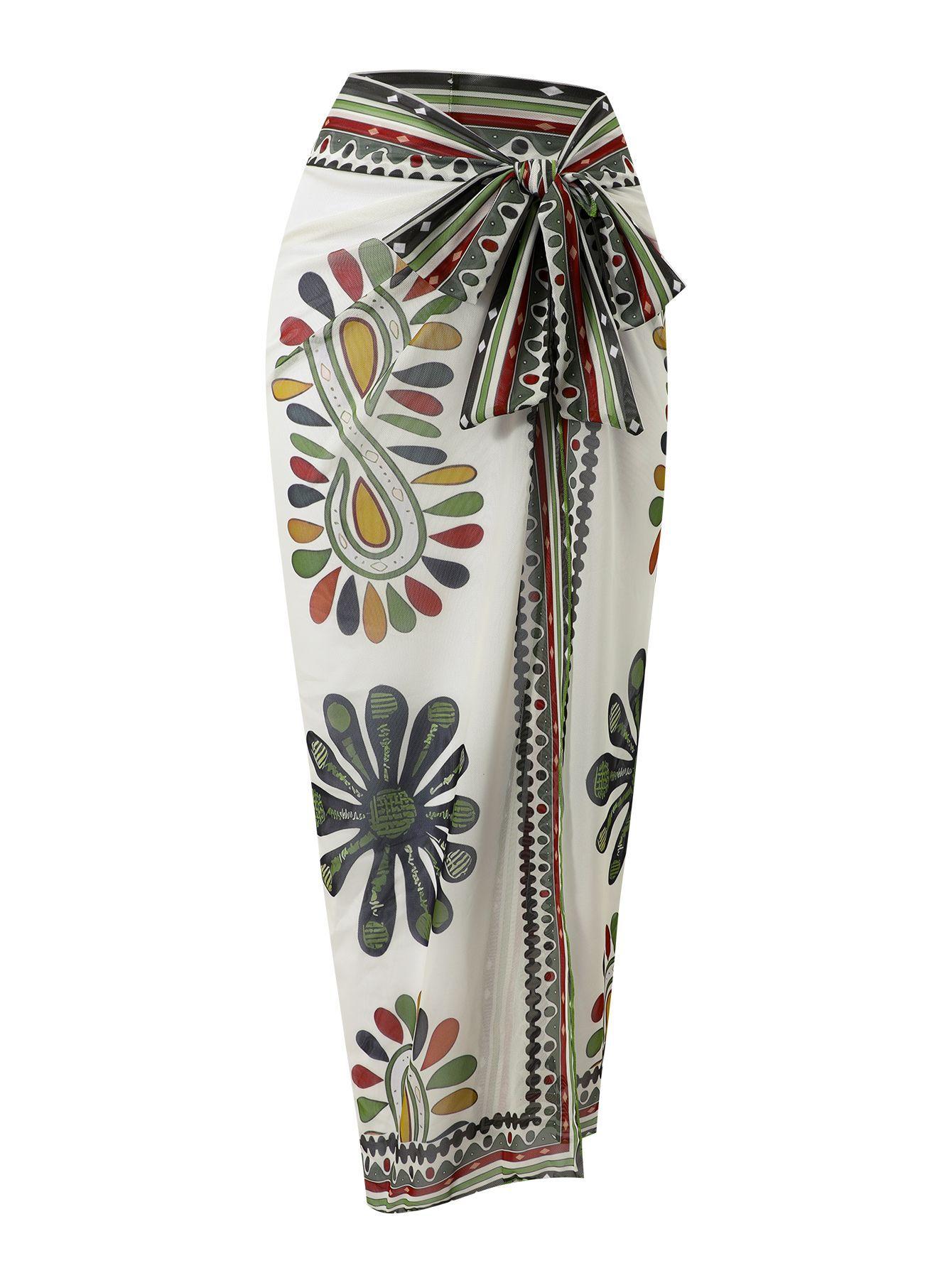 (image for) Women Boho Ethnic Paisley Floral Print One Piece Swimsuit with Matching Maxi Sarong Skirt 2 Piece Tummy Control Beach Vacation Swimwear Set