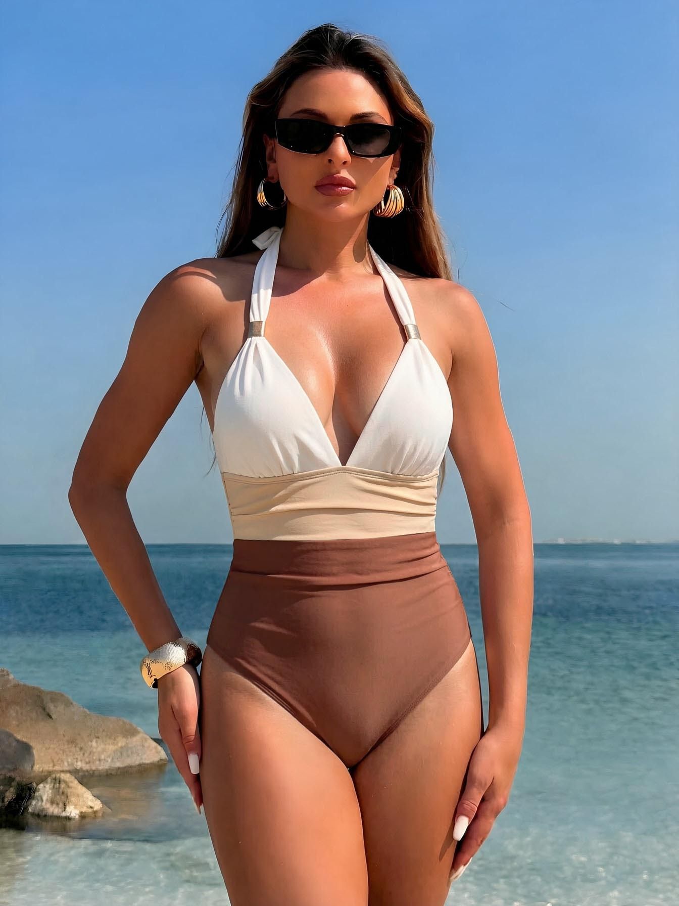 (image for) Women Halter Deep V Gradient Ombre One Piece Swimsuit with Sheer Mesh Maxi Sarong Skirt 2 Piece Slimming Beach Swimwear Set