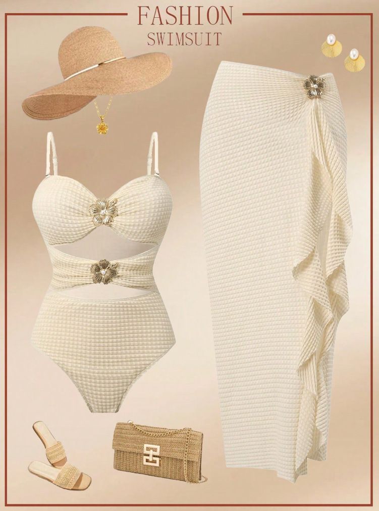 (image for) Women Waffle Textured Rhinestone Flower Buckle Cutout Waist One Piece Swimsuit with Ruffle Midi Sarong Skirt 2 Piece Elegant Sexy Resort Swimwear Set
