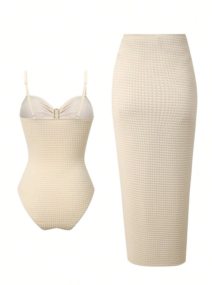 (image for) Women Waffle Textured Rhinestone Flower Buckle Cutout Waist One Piece Swimsuit with Ruffle Midi Sarong Skirt 2 Piece Elegant Sexy Resort Swimwear Set