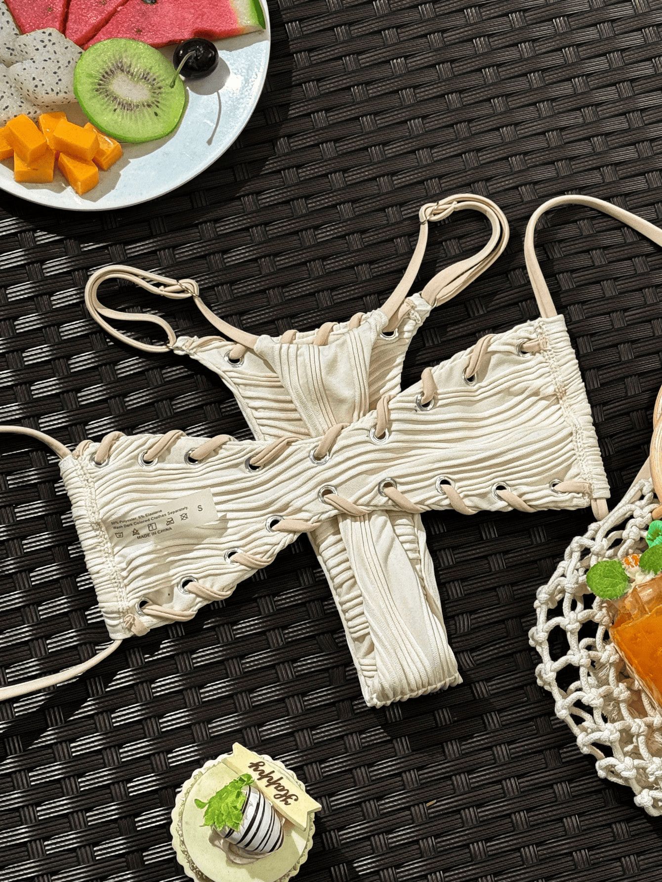 (image for) Women Beige Cream Ribbed Lace-Up Side Triangle Bikini Set Sexy Textured High Cut Two Piece Beach Vacation Swimwear