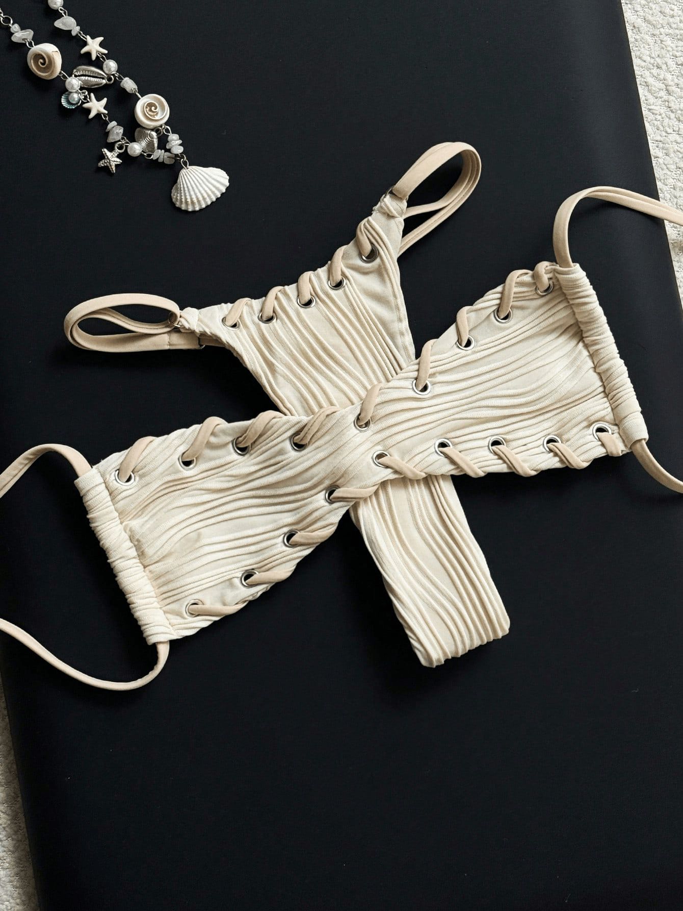 (image for) Women Beige Cream Ribbed Lace-Up Side Triangle Bikini Set Sexy Textured High Cut Two Piece Beach Vacation Swimwear