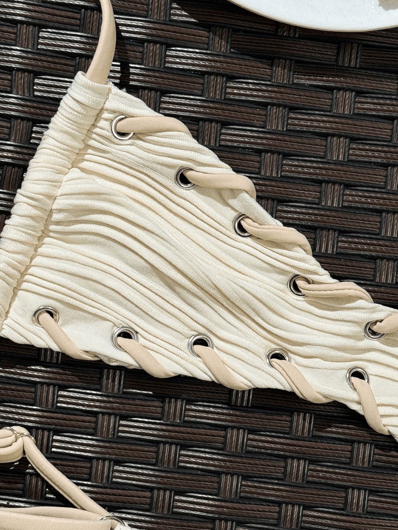 (image for) Women Beige Cream Ribbed Lace-Up Side Triangle Bikini Set Sexy Textured High Cut Two Piece Beach Vacation Swimwear