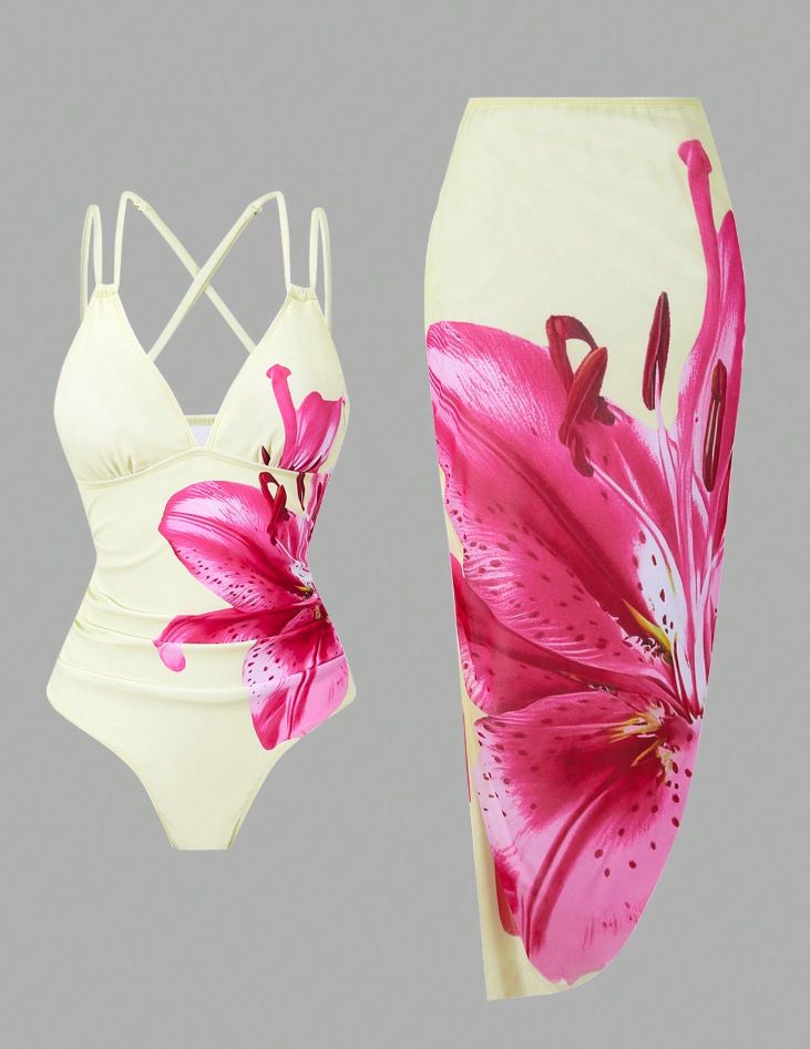 (image for) Women Large Pink Lily Floral Print Crisscross Back One Piece Swimsuit with Matching Maxi Sarong Skirt 2 Piece Tummy Control Sexy Beach Swimwear Set
