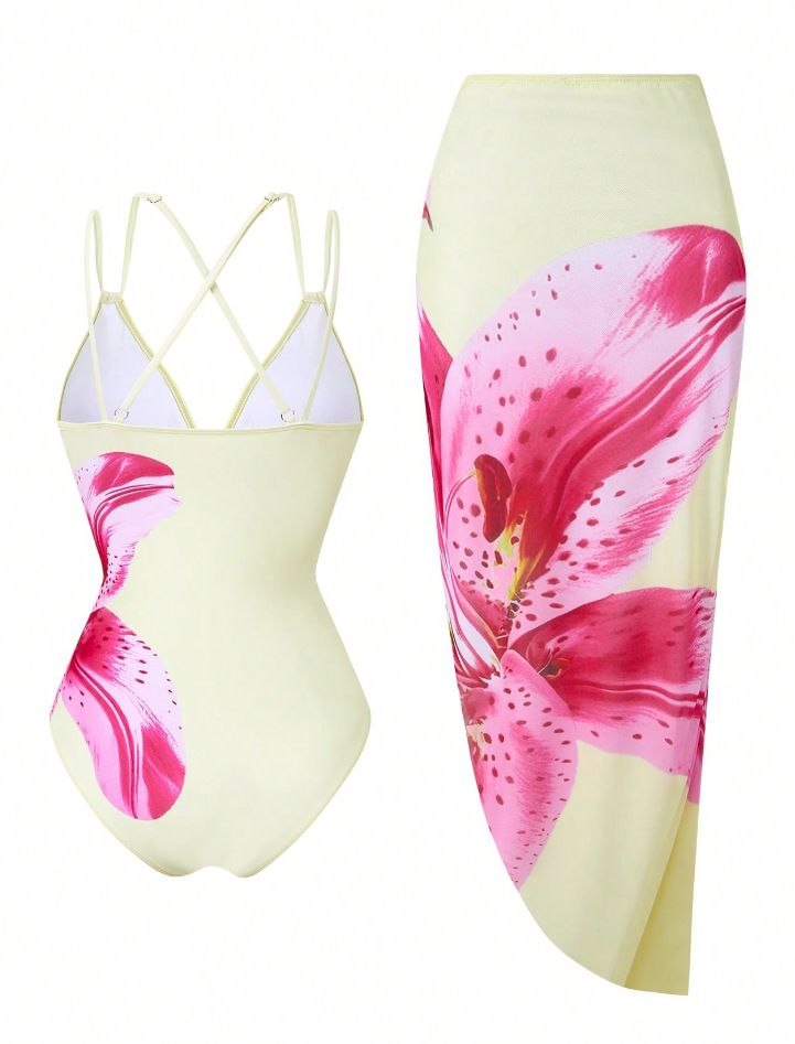 (image for) Women Large Pink Lily Floral Print Crisscross Back One Piece Swimsuit with Matching Maxi Sarong Skirt 2 Piece Tummy Control Sexy Beach Swimwear Set
