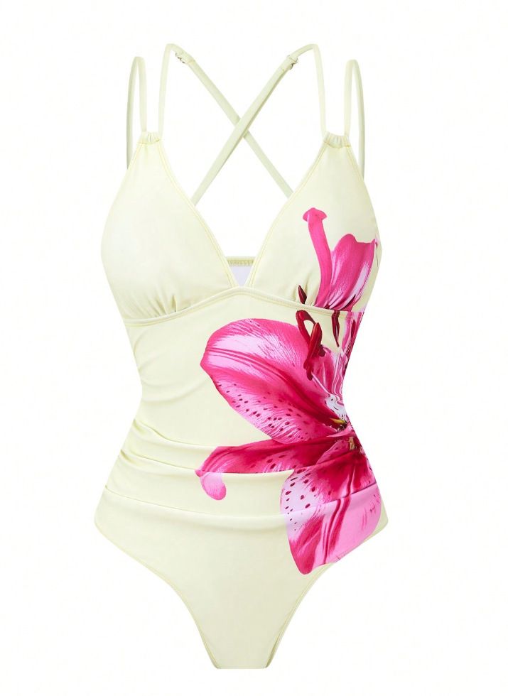 (image for) Women Large Pink Lily Floral Print Crisscross Back One Piece Swimsuit with Matching Maxi Sarong Skirt 2 Piece Tummy Control Sexy Beach Swimwear Set