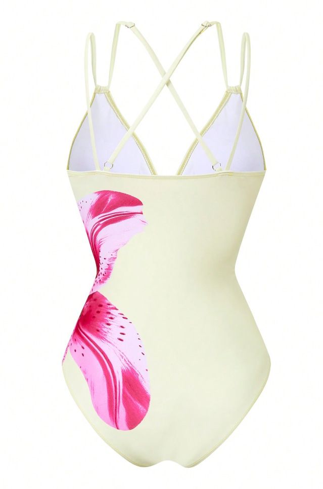 (image for) Women Large Pink Lily Floral Print Crisscross Back One Piece Swimsuit with Matching Maxi Sarong Skirt 2 Piece Tummy Control Sexy Beach Swimwear Set