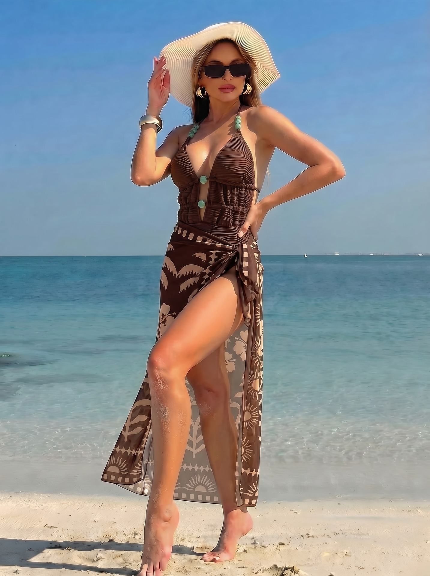(image for) Women Maillard Brown Halter Deep V Beaded One Piece Swimsuit with Tribal Botanical Print Maxi Sarong Skirt 2 Piece Tummy Control Sexy Beach Swimwear Set