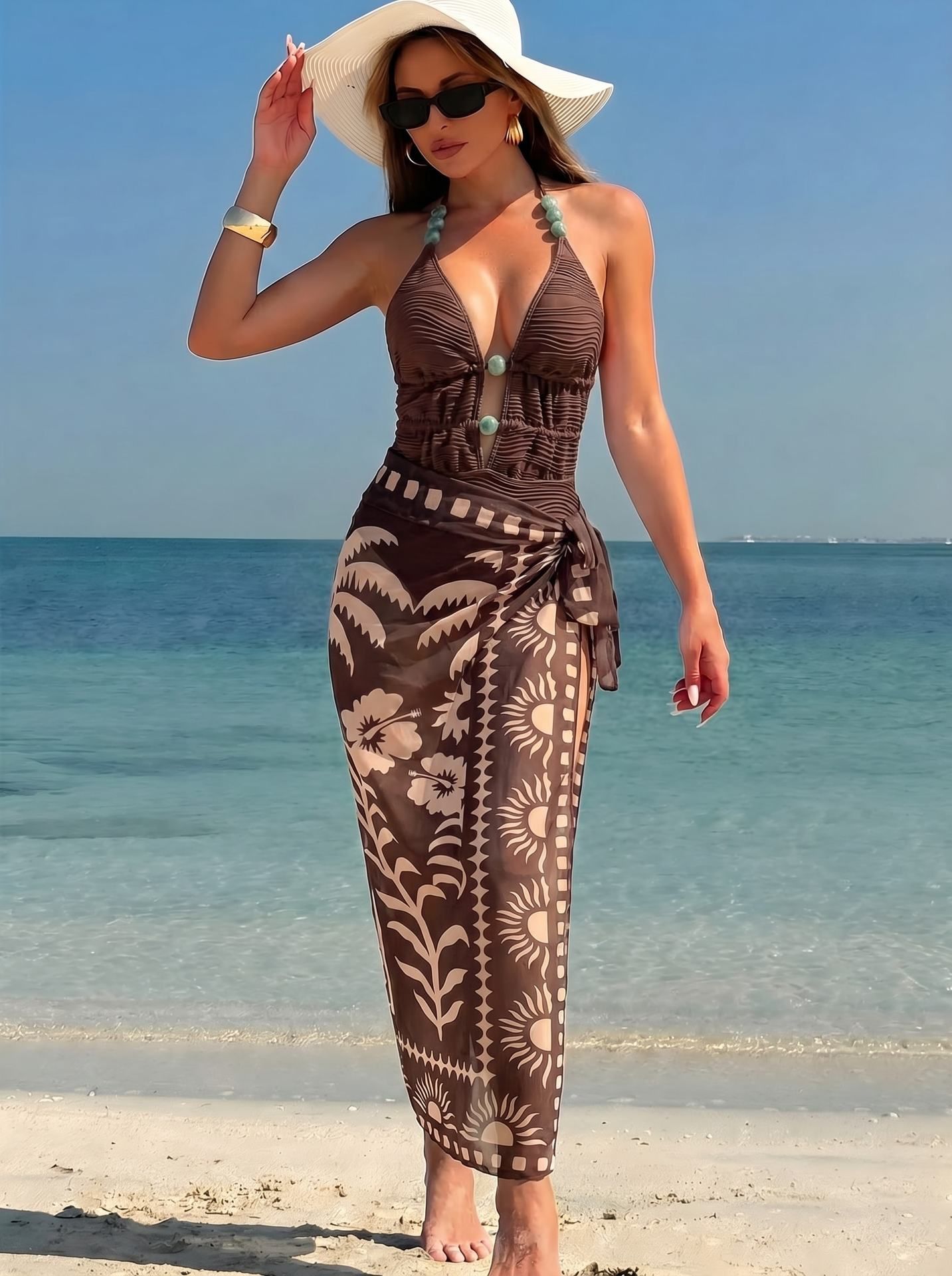 (image for) Women Maillard Brown Halter Deep V Beaded One Piece Swimsuit with Tribal Botanical Print Maxi Sarong Skirt 2 Piece Tummy Control Sexy Beach Swimwear Set