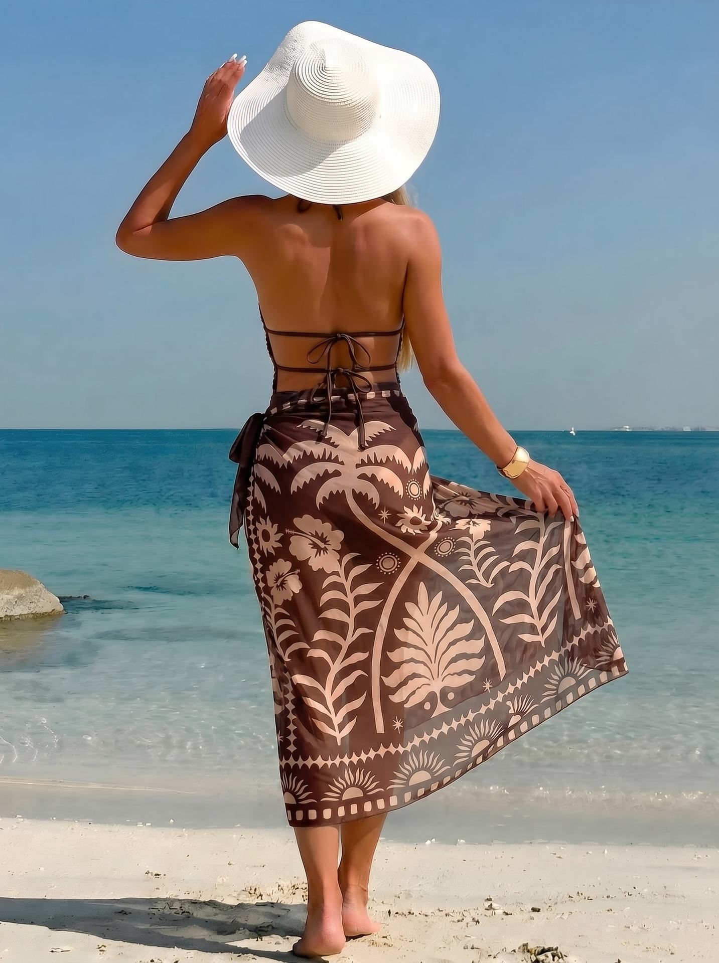 (image for) Women Maillard Brown Halter Deep V Beaded One Piece Swimsuit with Tribal Botanical Print Maxi Sarong Skirt 2 Piece Tummy Control Sexy Beach Swimwear Set