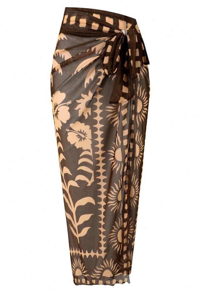 (image for) Women Maillard Brown Halter Deep V Beaded One Piece Swimsuit with Tribal Botanical Print Maxi Sarong Skirt 2 Piece Tummy Control Sexy Beach Swimwear Set