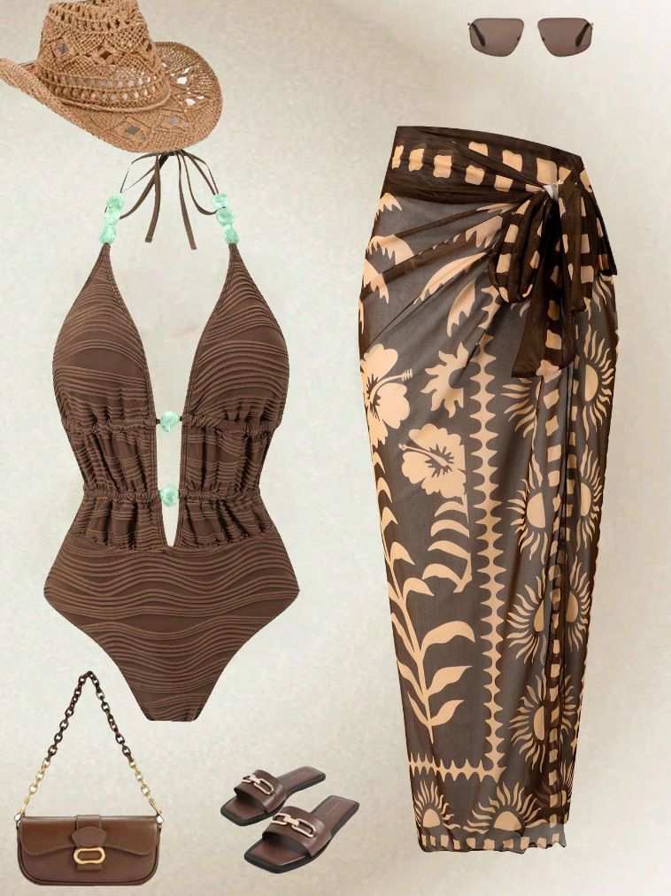 (image for) Women Maillard Brown Halter Deep V Beaded One Piece Swimsuit with Tribal Botanical Print Maxi Sarong Skirt 2 Piece Tummy Control Sexy Beach Swimwear Set