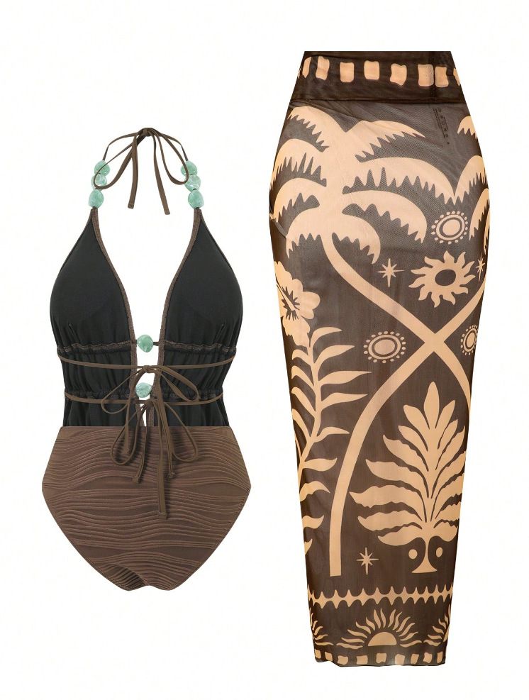 (image for) Women Maillard Brown Halter Deep V Beaded One Piece Swimsuit with Tribal Botanical Print Maxi Sarong Skirt 2 Piece Tummy Control Sexy Beach Swimwear Set