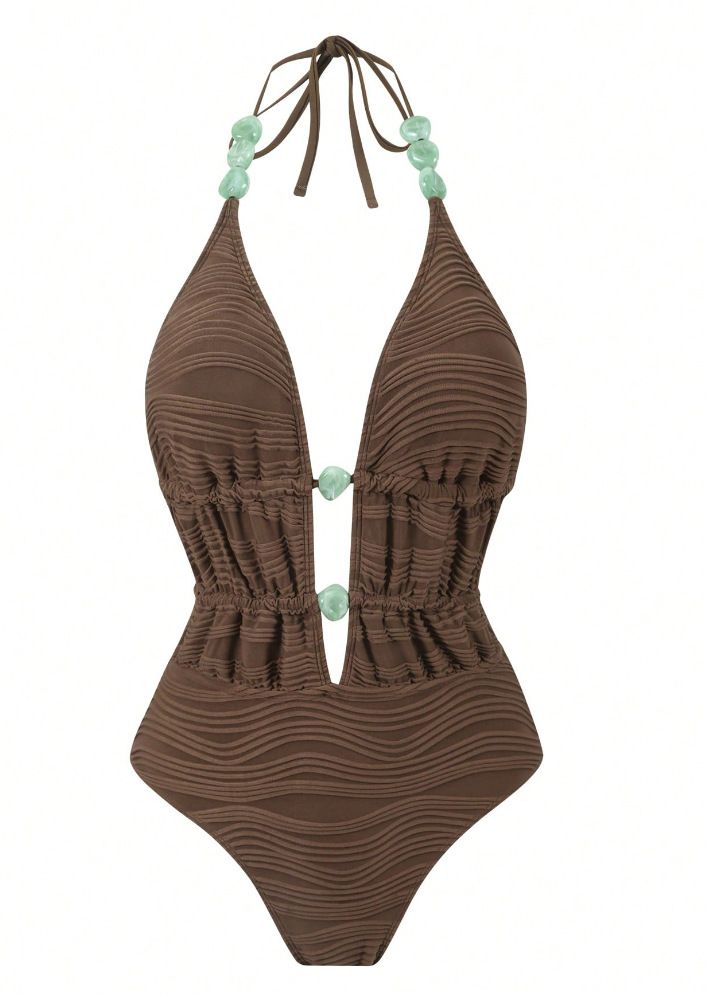 (image for) Women Maillard Brown Halter Deep V Beaded One Piece Swimsuit with Tribal Botanical Print Maxi Sarong Skirt 2 Piece Tummy Control Sexy Beach Swimwear Set
