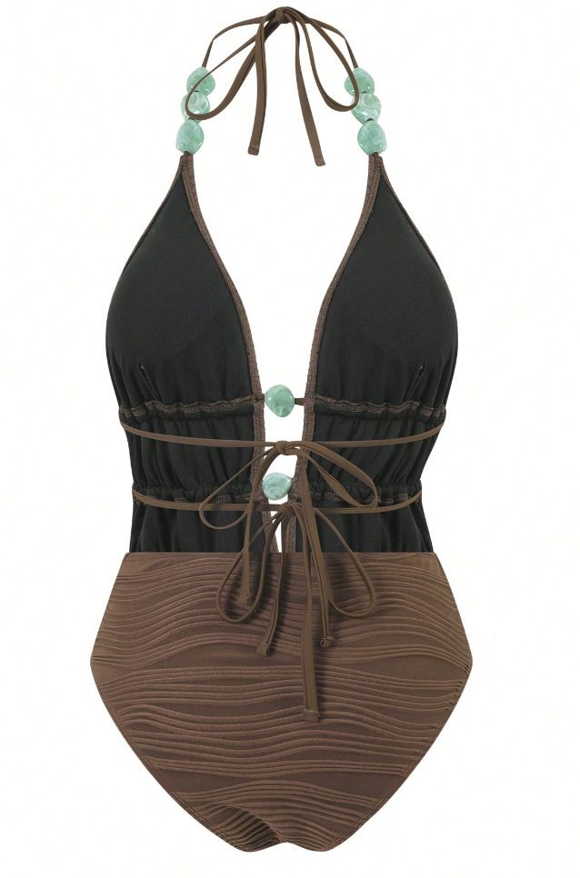 (image for) Women Maillard Brown Halter Deep V Beaded One Piece Swimsuit with Tribal Botanical Print Maxi Sarong Skirt 2 Piece Tummy Control Sexy Beach Swimwear Set