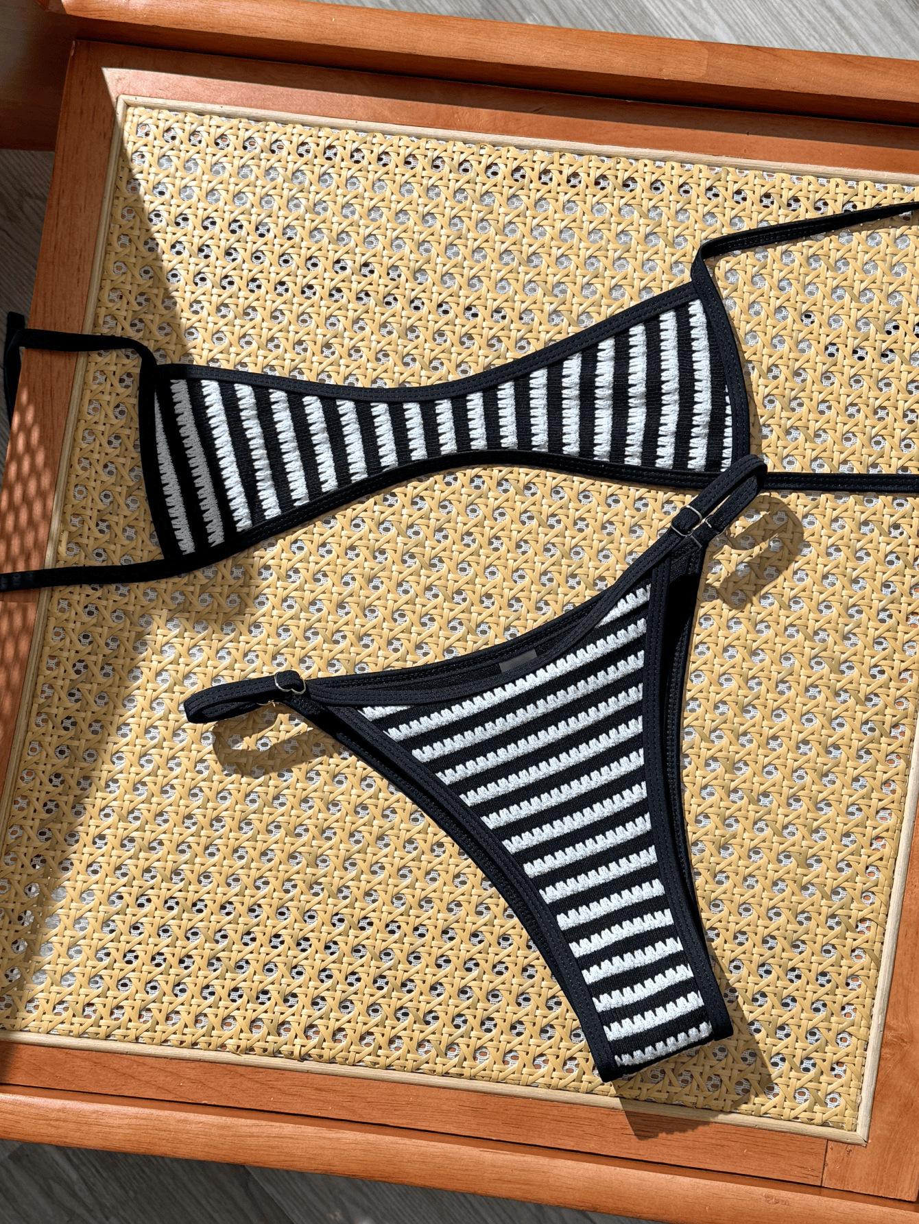 (image for) Women Black White Vertical Stripe Halter Triangle Bikini Set Tie Back Adjustable Side High Cut Sexy No Padding Two Piece Beach Vacation Swimwear