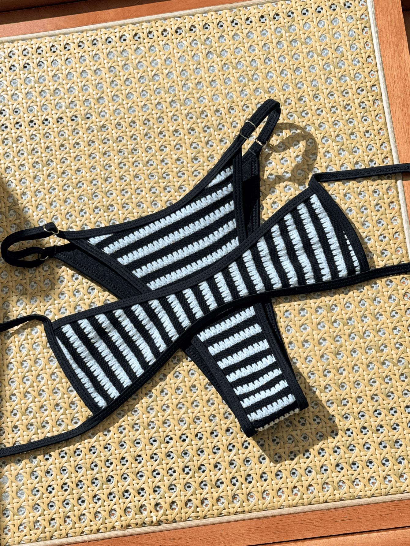(image for) Women Black White Vertical Stripe Halter Triangle Bikini Set Tie Back Adjustable Side High Cut Sexy No Padding Two Piece Beach Vacation Swimwear