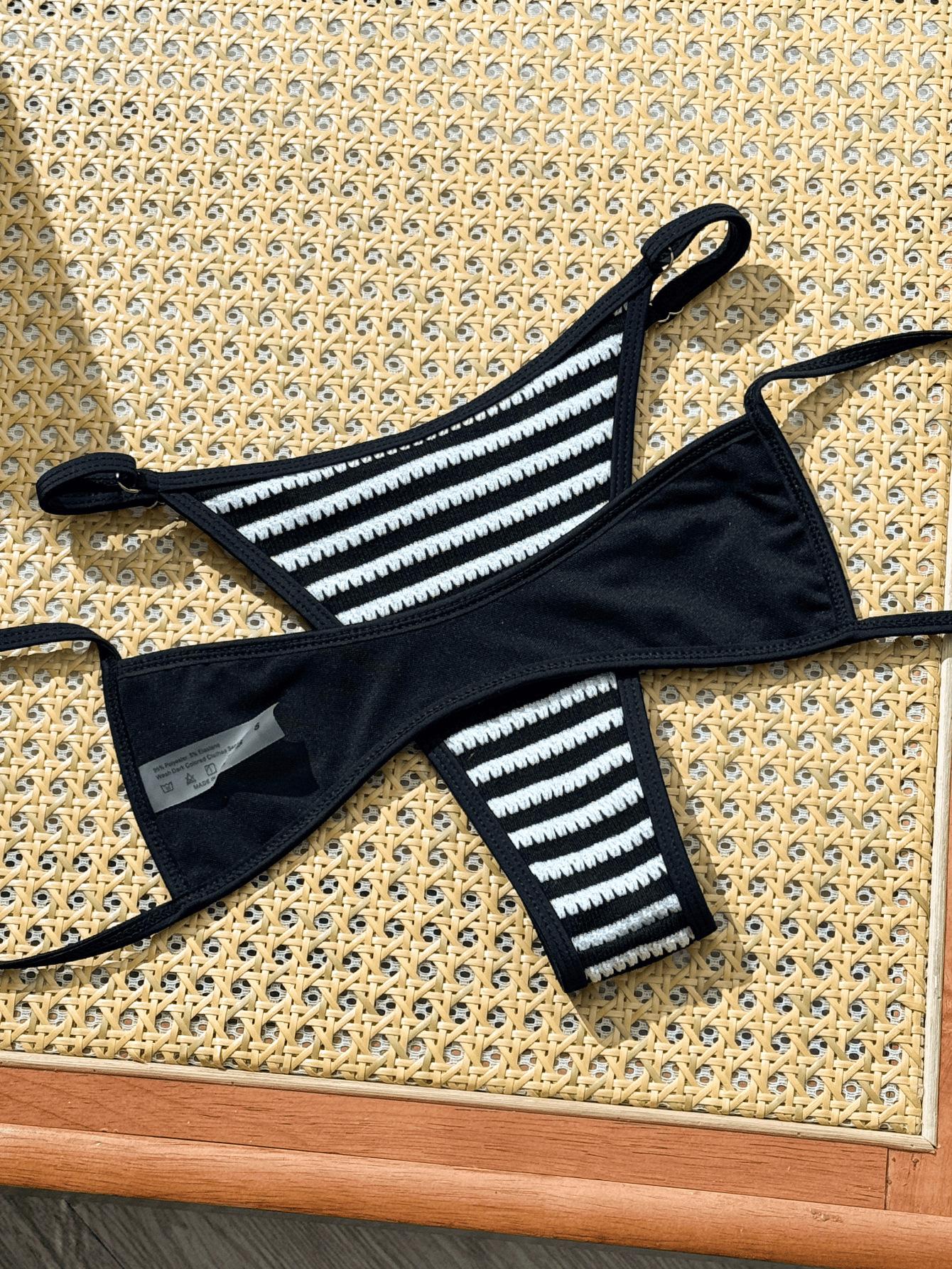 (image for) Women Black White Vertical Stripe Halter Triangle Bikini Set Tie Back Adjustable Side High Cut Sexy No Padding Two Piece Beach Vacation Swimwear