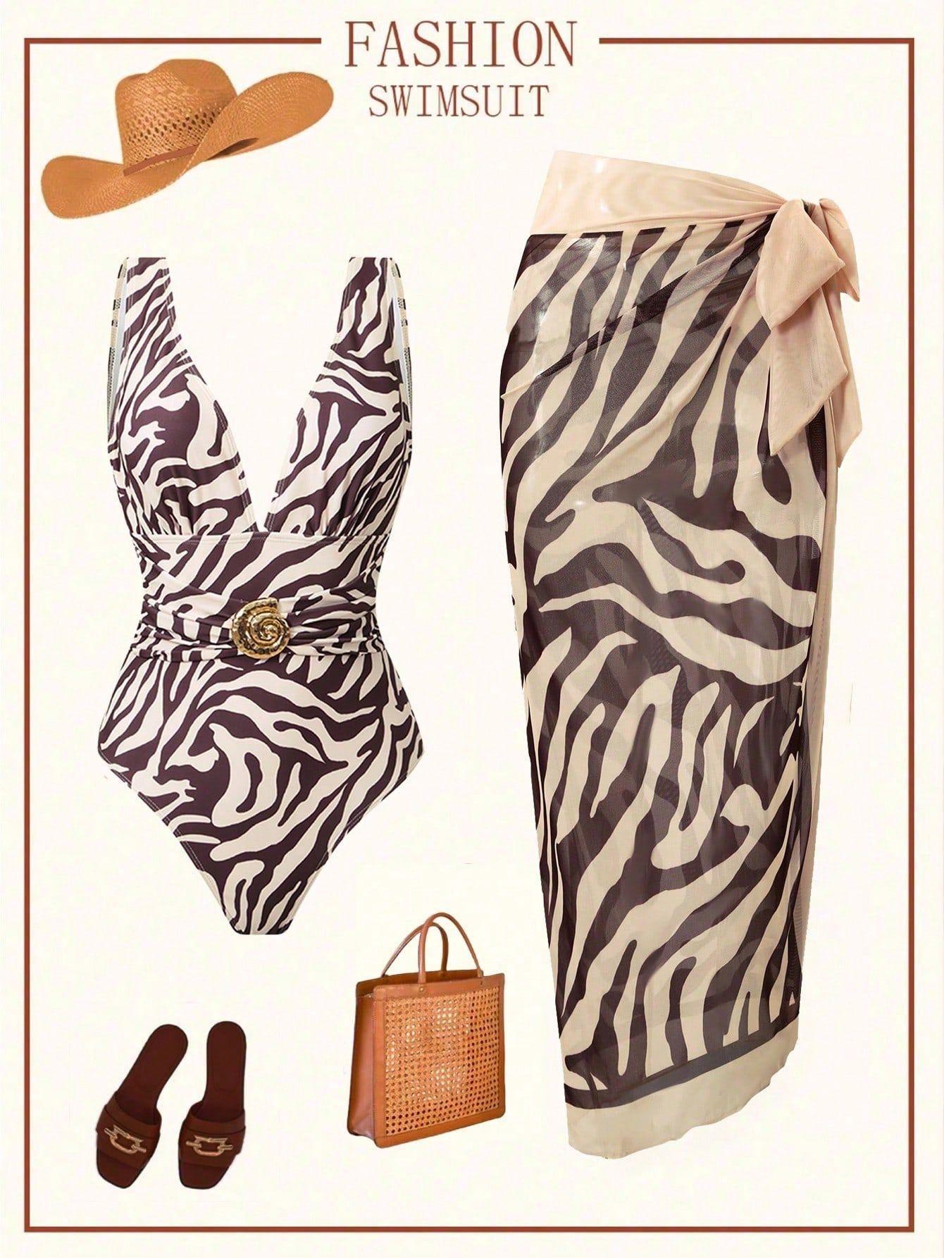 (image for) Women Brown Zebra Animal Print Deep V Plunge One Piece Swimsuit with Matching Maxi Wrap Sarong Skirt 2 Piece Luxury Beach Resort Swimwear Set