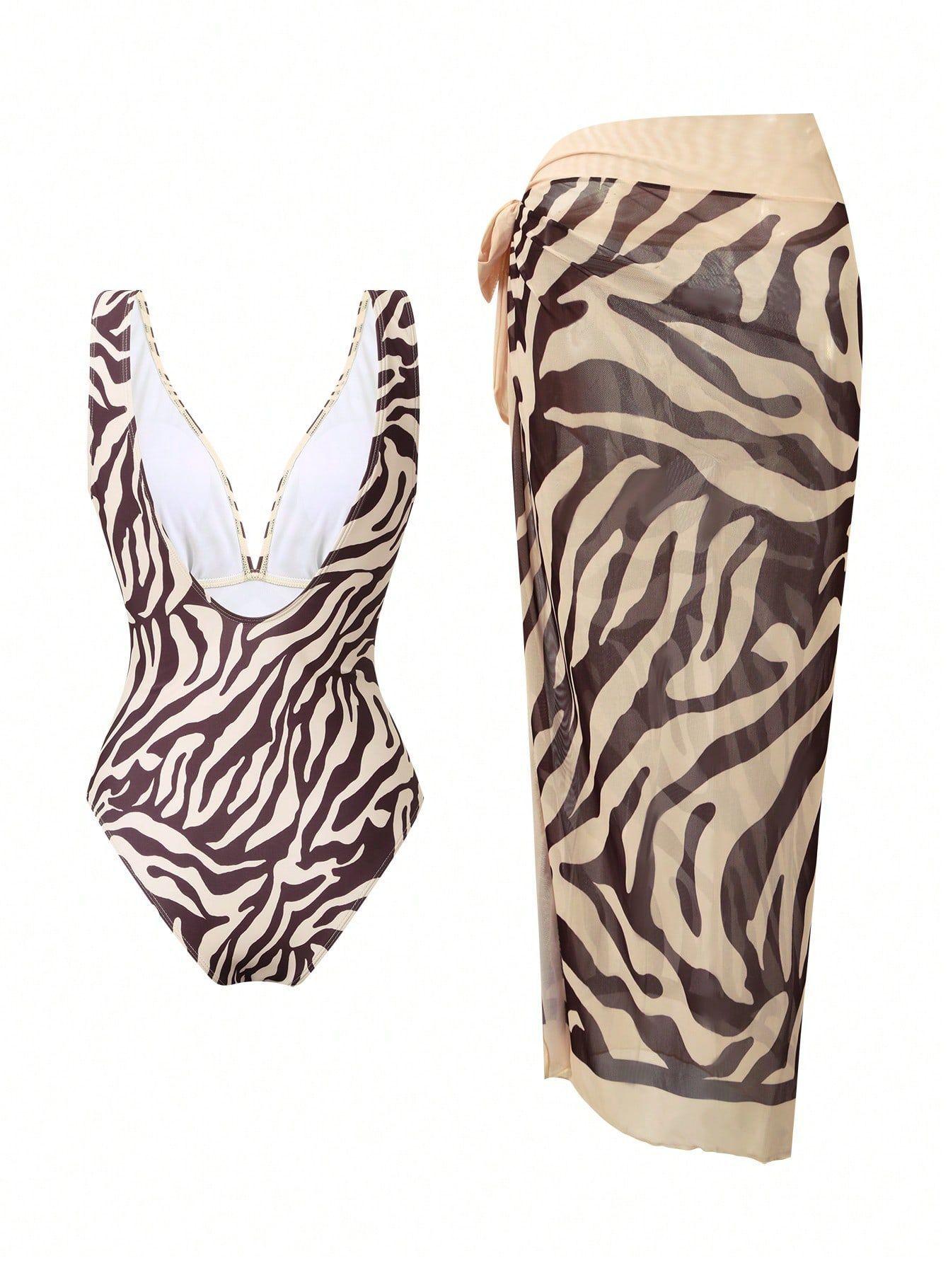 (image for) Women Brown Zebra Animal Print Deep V Plunge One Piece Swimsuit with Matching Maxi Wrap Sarong Skirt 2 Piece Luxury Beach Resort Swimwear Set
