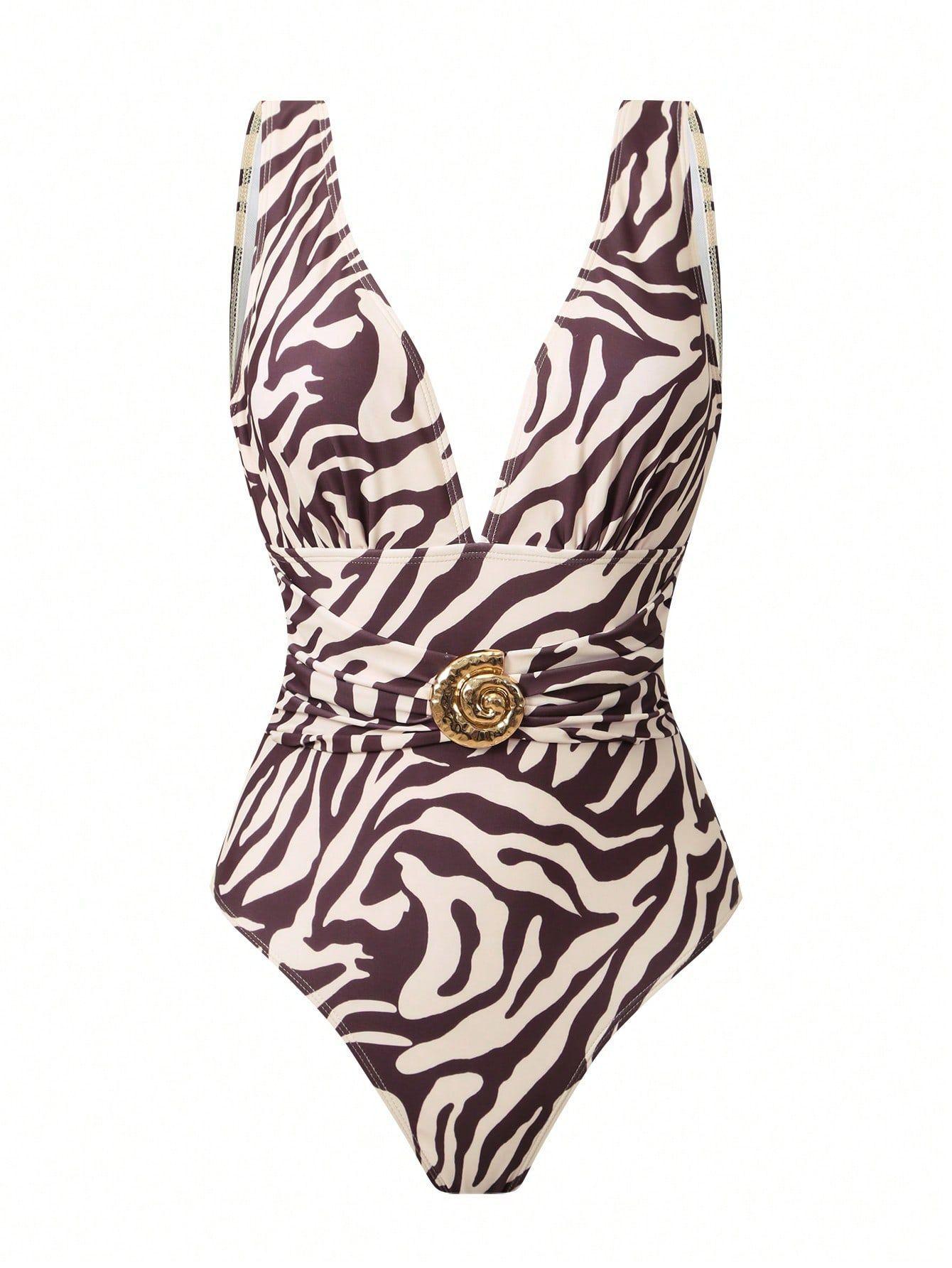 (image for) Women Brown Zebra Animal Print Deep V Plunge One Piece Swimsuit with Matching Maxi Wrap Sarong Skirt 2 Piece Luxury Beach Resort Swimwear Set