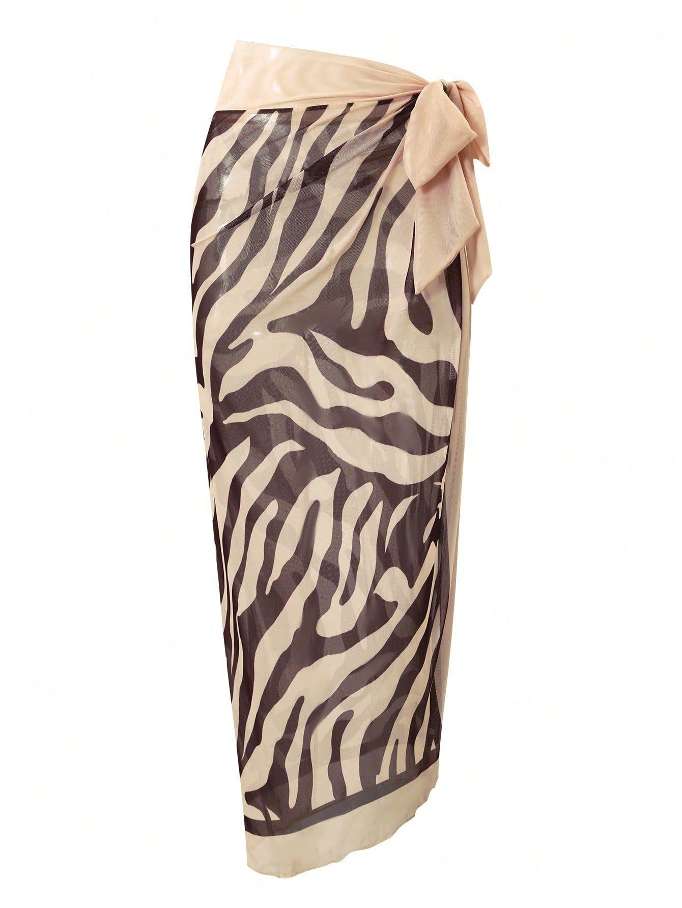 (image for) Women Brown Zebra Animal Print Deep V Plunge One Piece Swimsuit with Matching Maxi Wrap Sarong Skirt 2 Piece Luxury Beach Resort Swimwear Set
