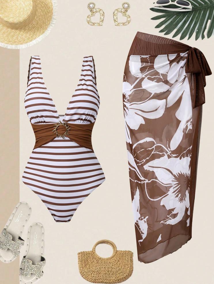 Women Brown Stripe Deep V One Piece Swimsuit with Floral Sarong Skirt 2 Piece Swimwear (image for) Women Brown Stripe Deep V One Piece Swimsuit with Floral Sarong Skirt 2 Piece Swimwear