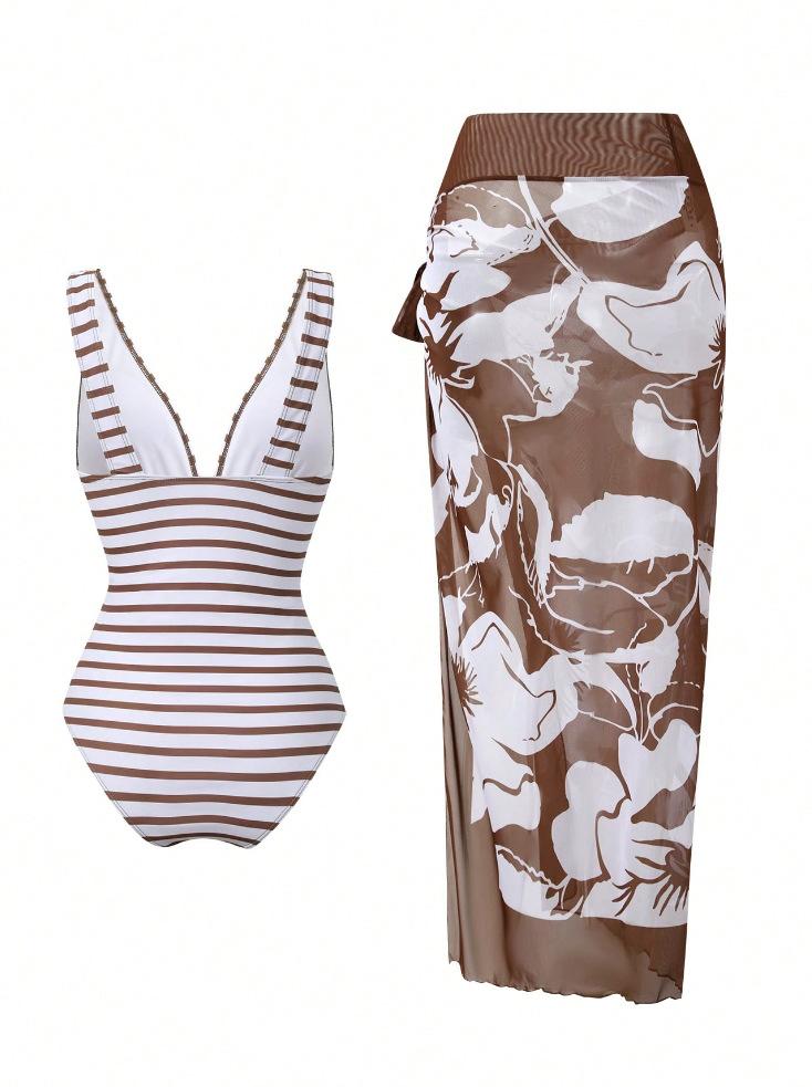 (image for) Women Brown Stripe Deep V One Piece Swimsuit with Floral Sarong Skirt 2 Piece Swimwear