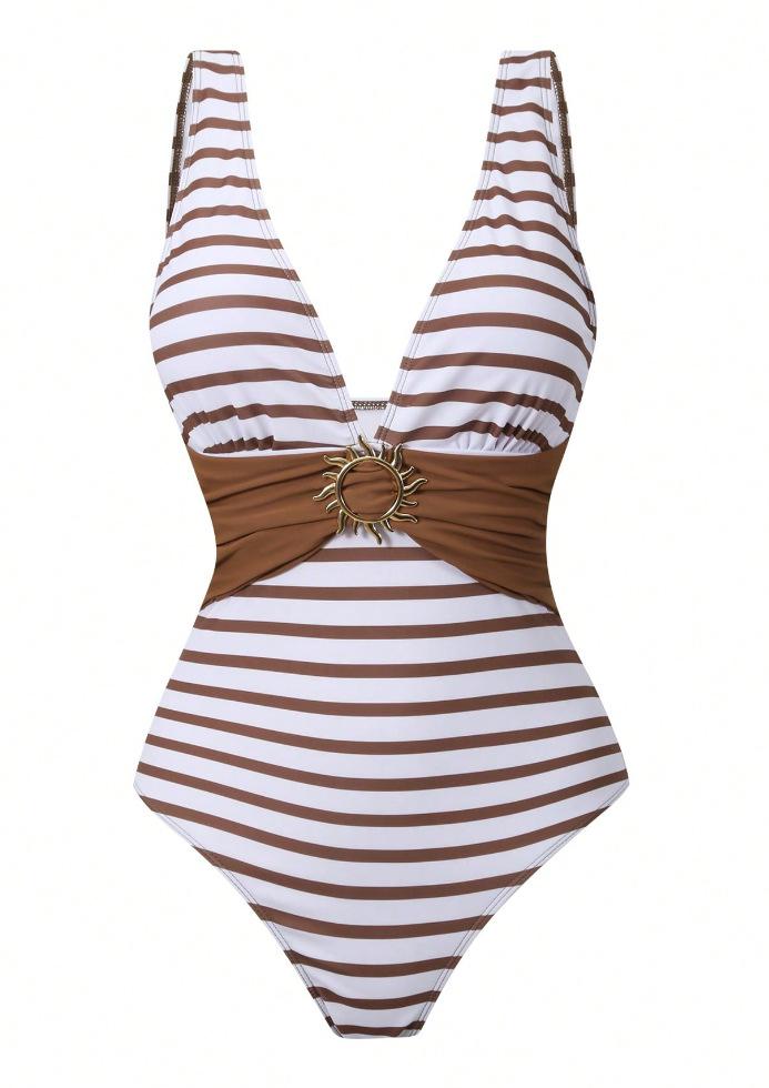 (image for) Women Brown Stripe Deep V One Piece Swimsuit with Floral Sarong Skirt 2 Piece Swimwear