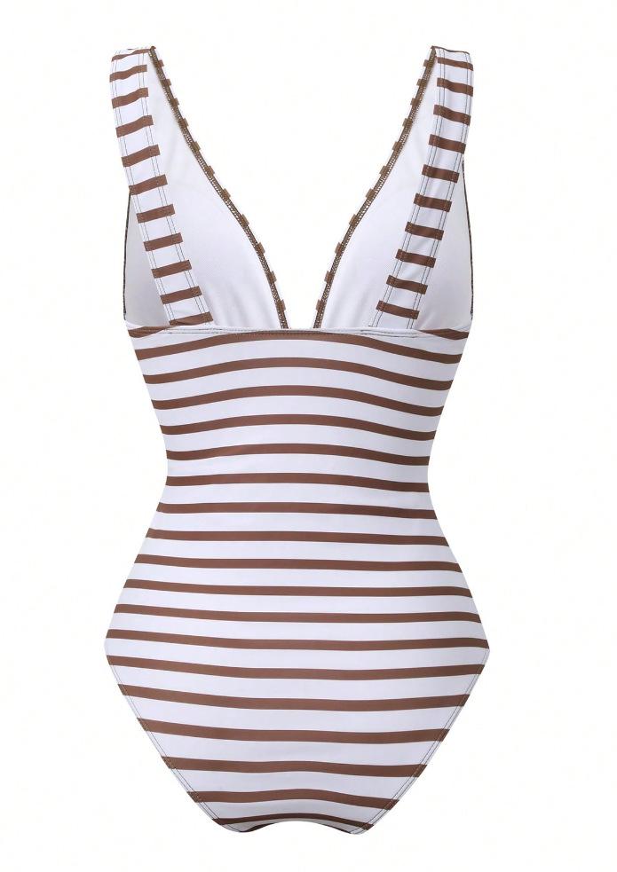 (image for) Women Brown Stripe Deep V One Piece Swimsuit with Floral Sarong Skirt 2 Piece Swimwear