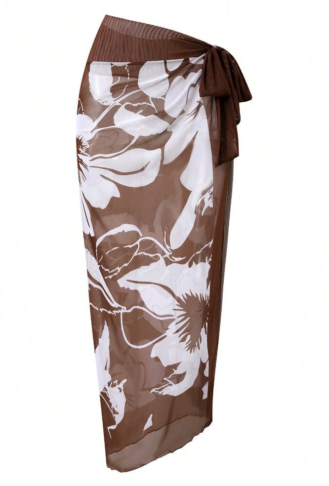 (image for) Women Brown Stripe Deep V One Piece Swimsuit with Floral Sarong Skirt 2 Piece Swimwear