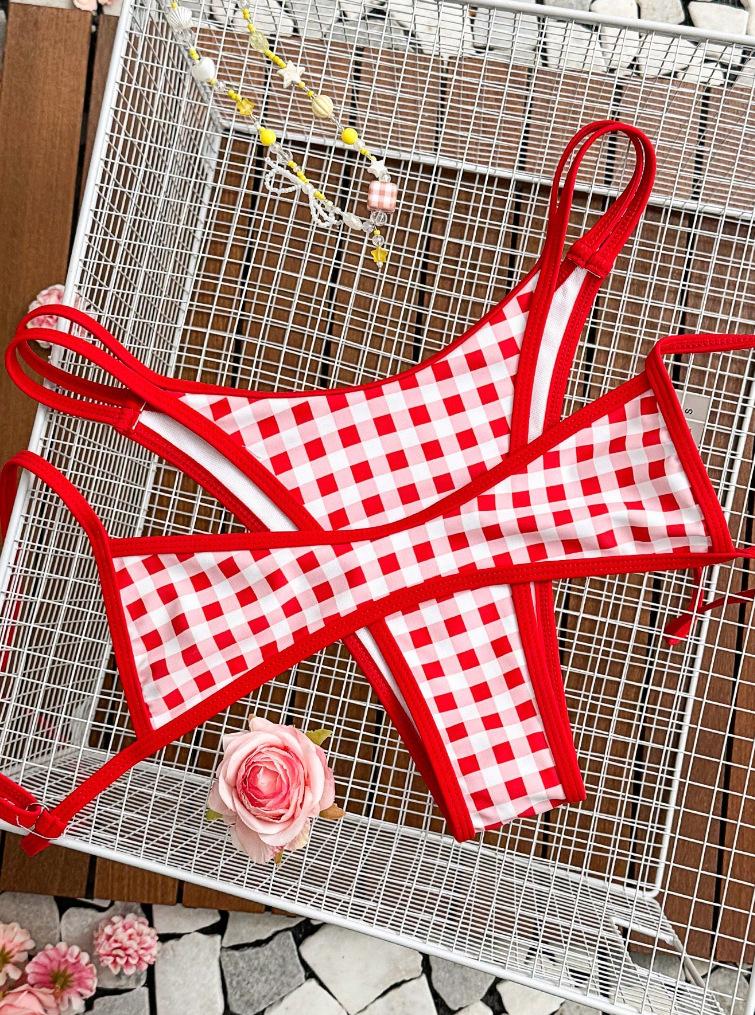 Women Red White Gingham Plaid Adjustable Strap Bikini Set Sexy High Cut Two Piece Beach Vacation Swimwear
