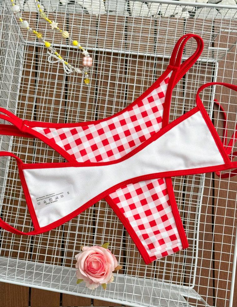 (image for) Women Red White Gingham Plaid Adjustable Strap Bikini Set Sexy High Cut Two Piece Beach Vacation Swimwear
