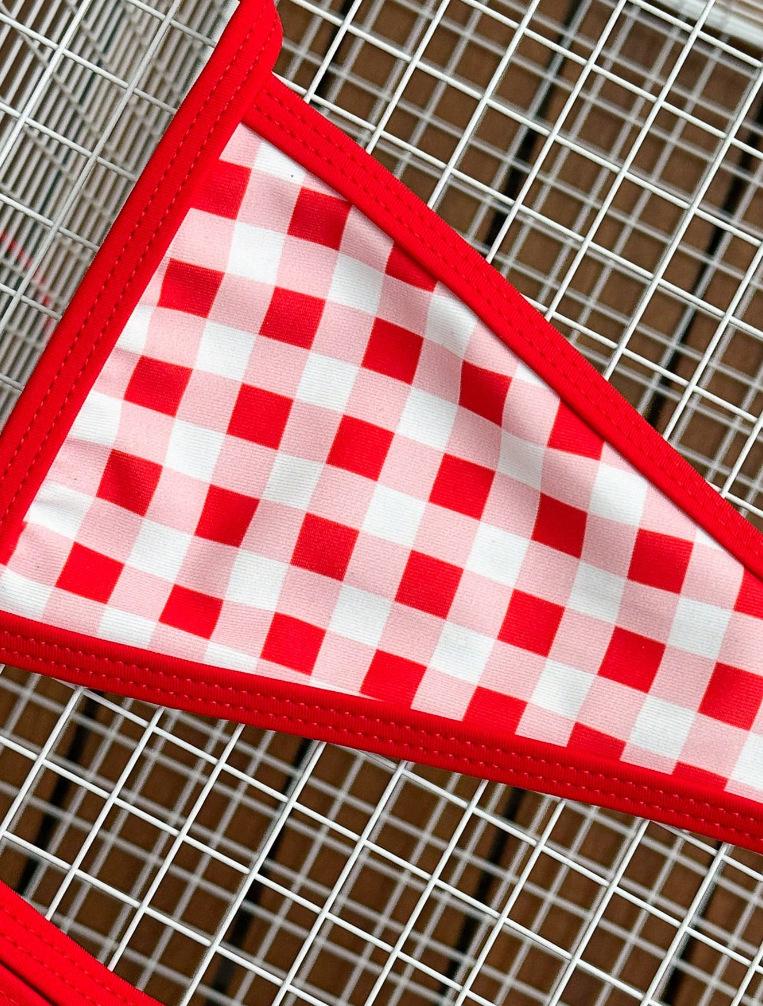 (image for) Women Red White Gingham Plaid Adjustable Strap Bikini Set Sexy High Cut Two Piece Beach Vacation Swimwear