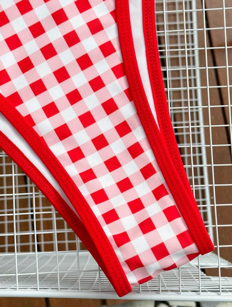 (image for) Women Red White Gingham Plaid Adjustable Strap Bikini Set Sexy High Cut Two Piece Beach Vacation Swimwear